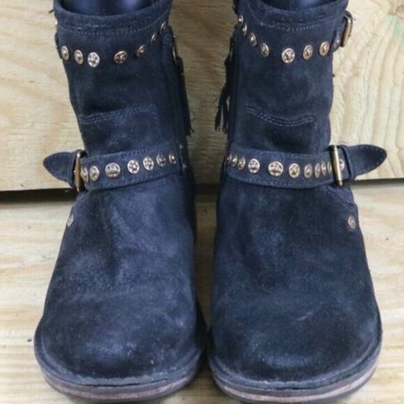 UGG Boots Womens 9 Black Suede Fabrizia Biker Studs Buckle Ankle Shoes - Picture 2 of 3